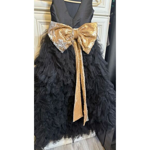 Custom Made Girl's Sequined Waist & Bow Hi-Low Hem Dress Gown Black Gold Small - Picture 3 of 16